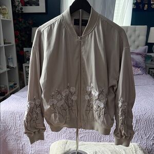 Floral Embroidered Bomber Jacket — Beige